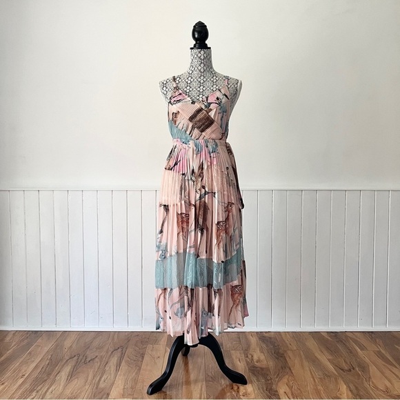 Pastel Chiffon Lace Patchwork Pleated Wrap Dress Size L - Picture 15 of 15